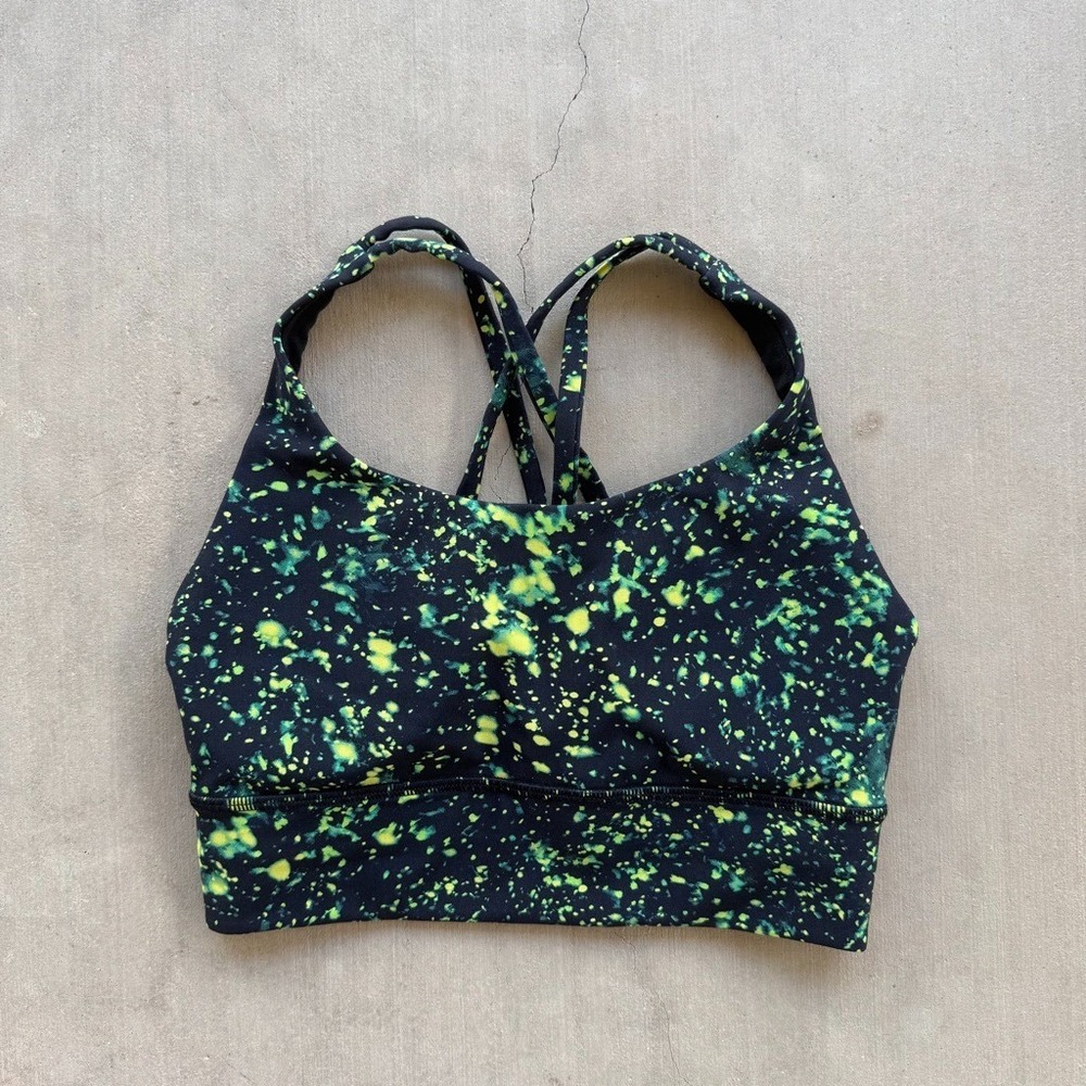 Lululemon Energy Longline Bra Womens Black Green Splatter Strappy Sports Bra